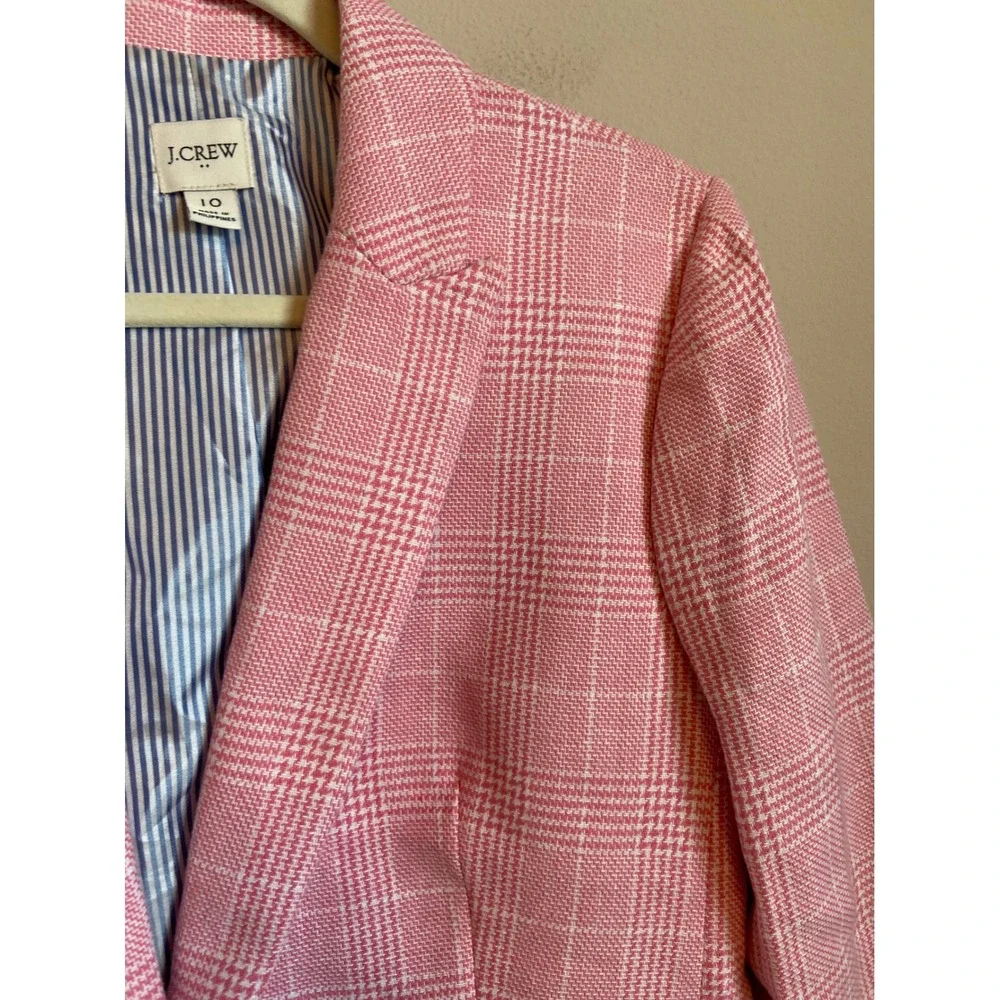J.Crew Pink Glen Plaid One Button Blazer Linen Cotton BW286 Womens 10